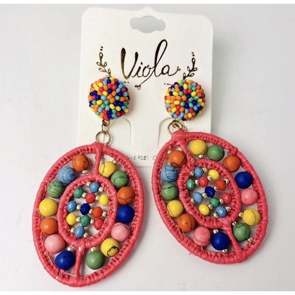 Viola Beaded Stone‎ Raffia Dangle Earrings Pink Colorful Multicolored Boho